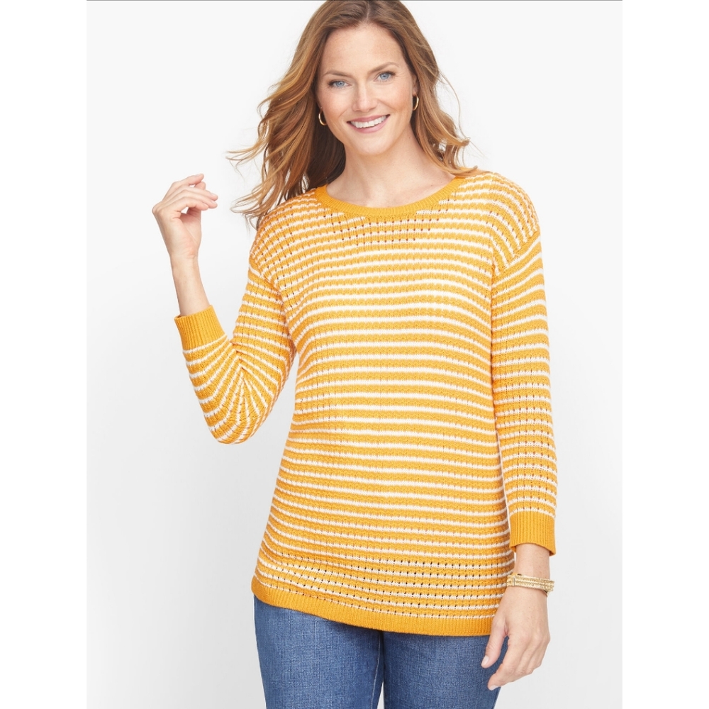 Talbots Mixed Yarn Sweater Jungle Stripe Tinted Gold Ivory Size Large Petite